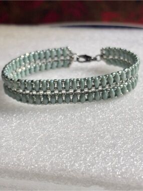 Handmade Mint Green and Silver tone Beaded Double-Row Bracelet 7 inches